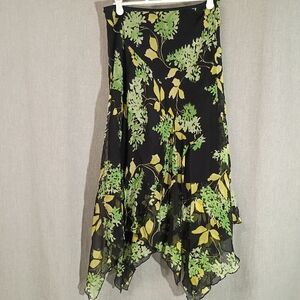 Jonathan Martin Asymmetrical Skirt in Black and Green Floral 100% Silk Size 10
